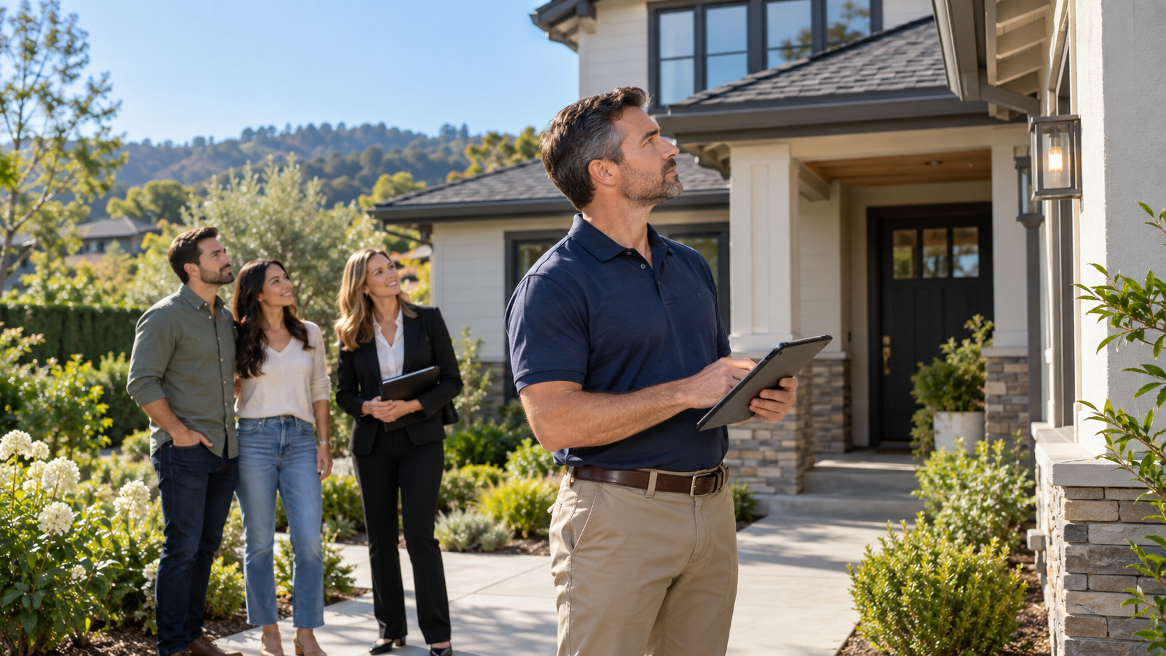 Bay Area Home Inspection for Real Estate Agents Home inspector evaluating a Bay Area property with a real estate agent and buyers